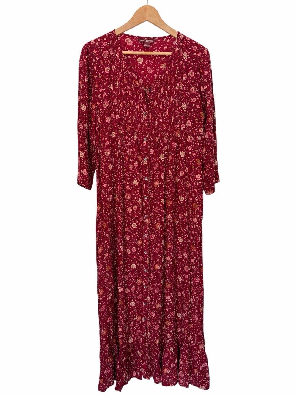 April Cornell Burgundy Floral Prairie Maxi Dress Pintuck Boho Cottagecore Size S - Picture 4 of 12